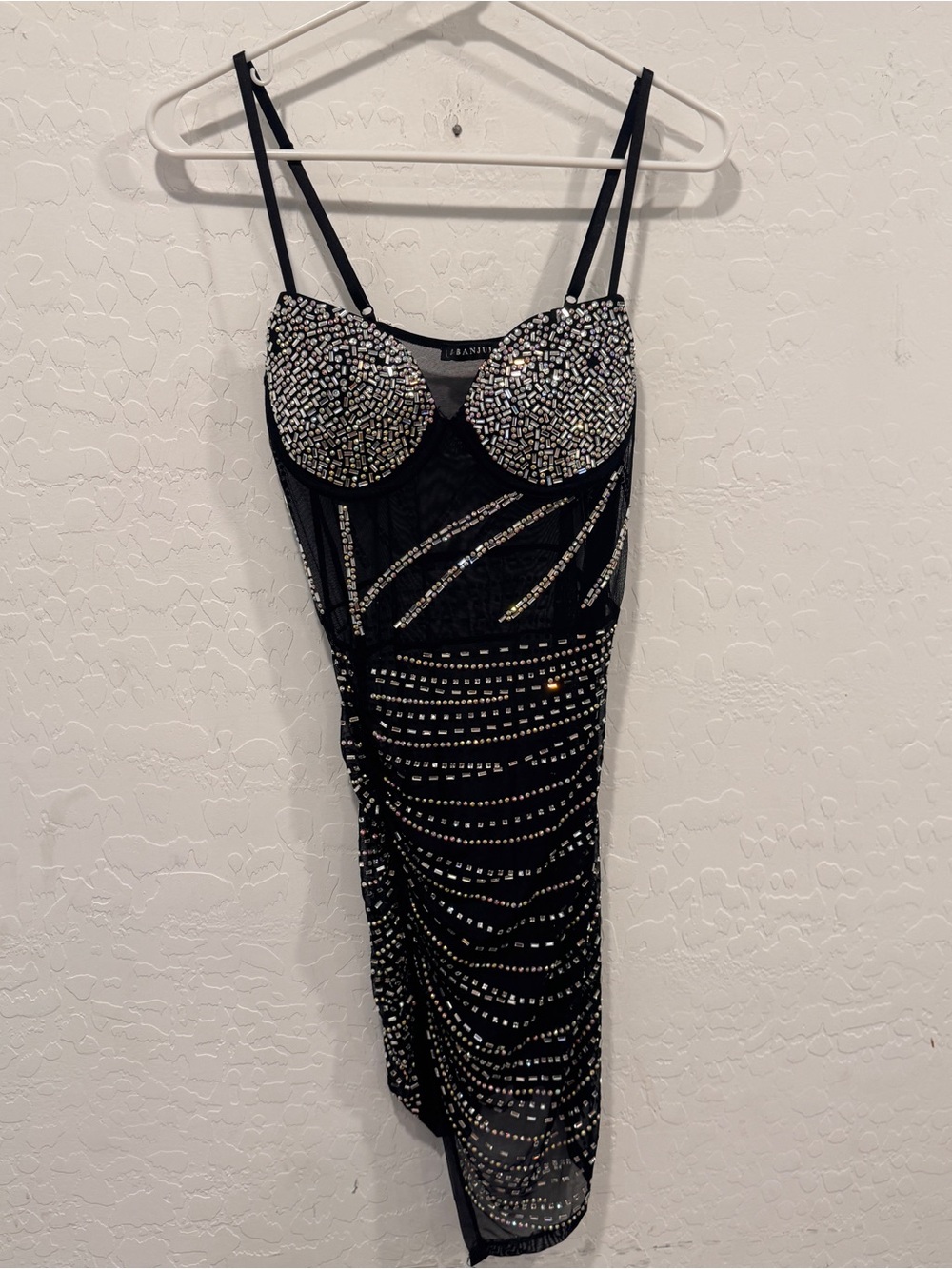 Banjul Mesh Mini Beaded Dress Womens Small Black Silver Sheer Rave Party Club